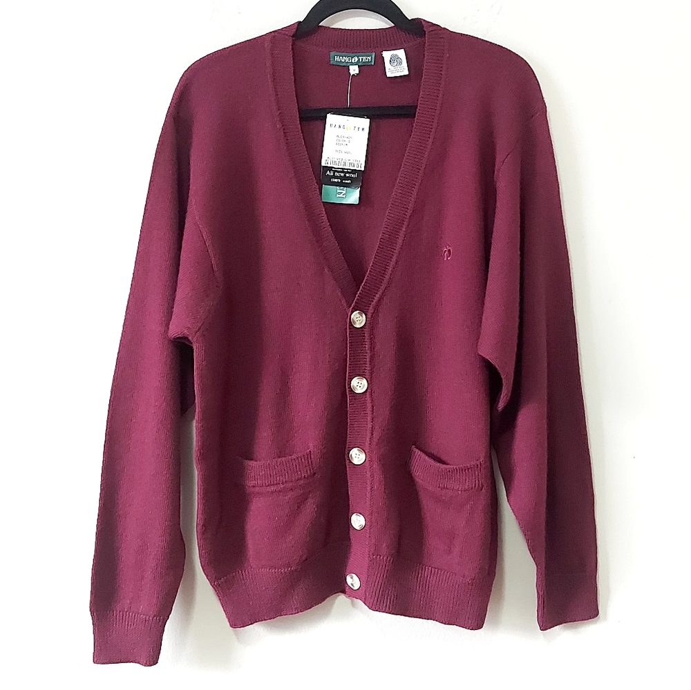 Hang Ten Men Preppy Button Front Wool Cardigan Medium Vneck Pocket Long Sleeve